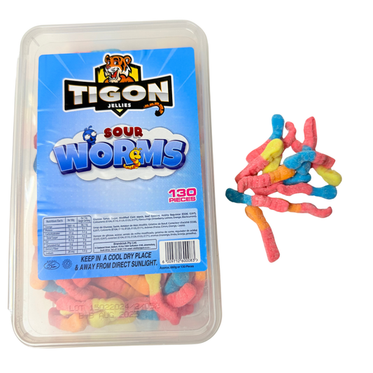 Tub Of 140 Tigon Sour Worms Sweet