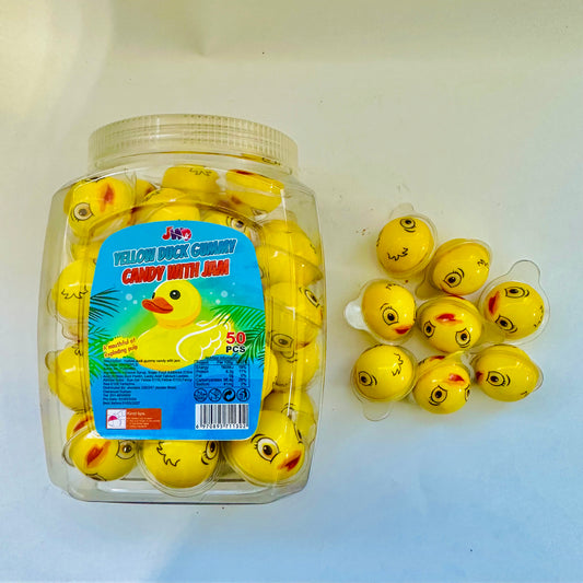 Tub Of 50 Yellow Duck Jam Filled Gummy Candy Sweet